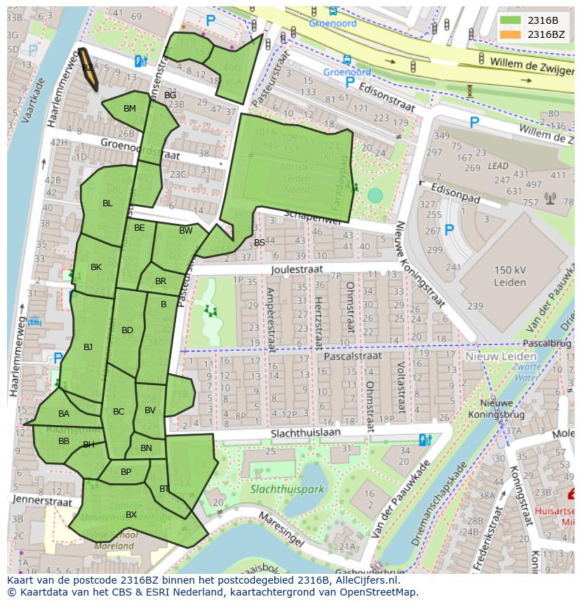Afbeelding van het postcodegebied 2316 BZ op de kaart.