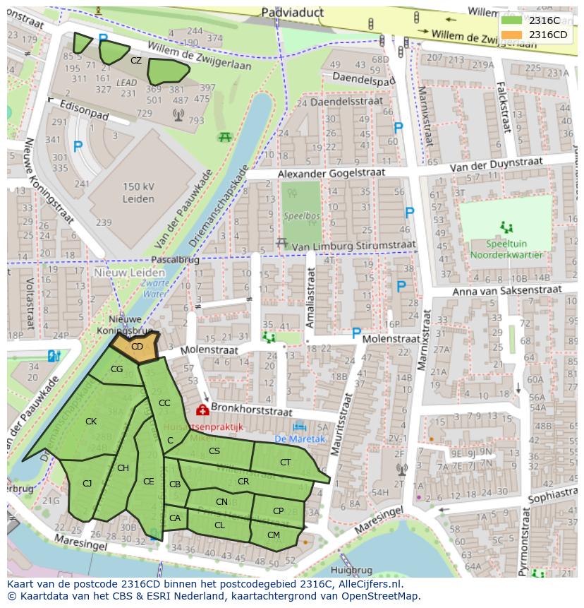 Afbeelding van het postcodegebied 2316 CD op de kaart.