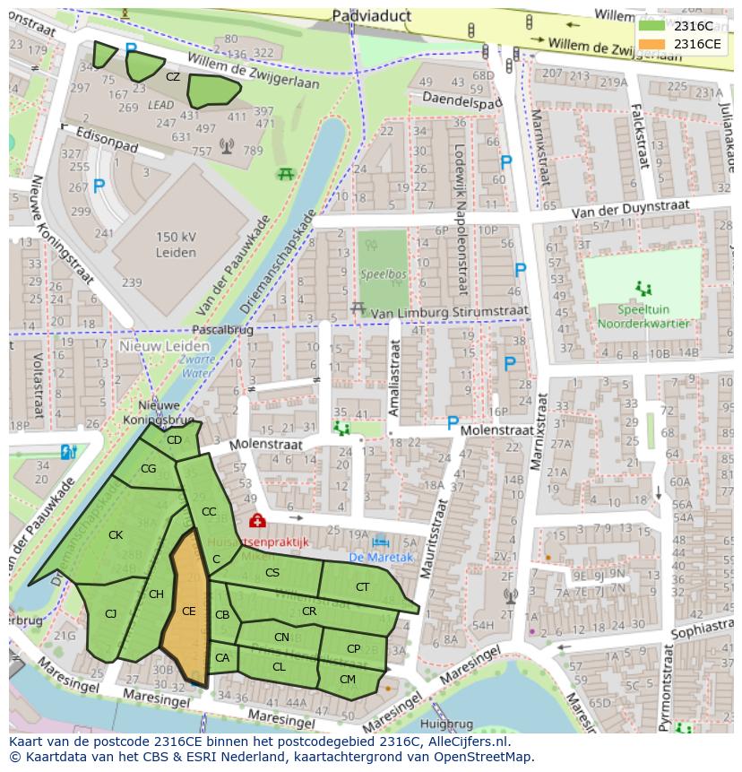 Afbeelding van het postcodegebied 2316 CE op de kaart.