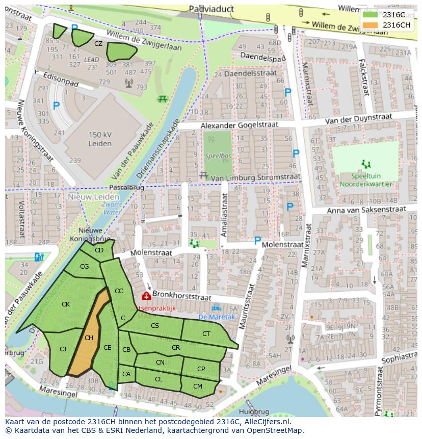 Afbeelding van het postcodegebied 2316 CH op de kaart.