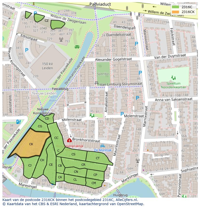 Afbeelding van het postcodegebied 2316 CK op de kaart.