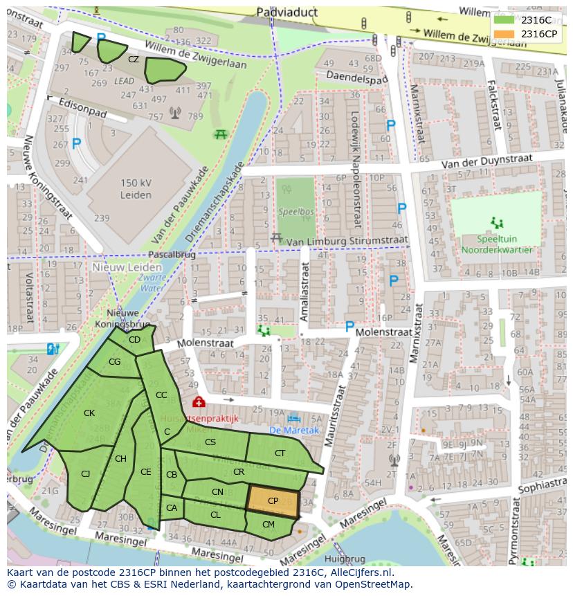 Afbeelding van het postcodegebied 2316 CP op de kaart.