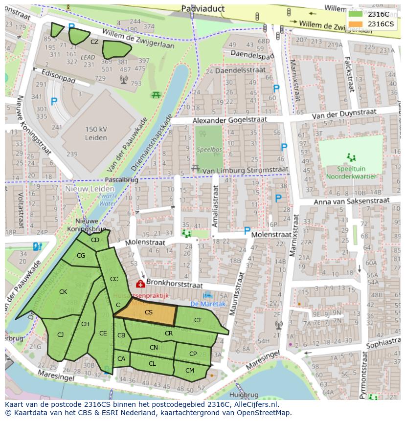 Afbeelding van het postcodegebied 2316 CS op de kaart.