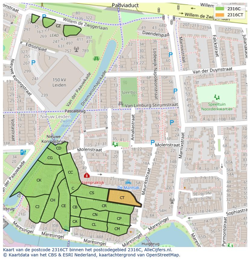 Afbeelding van het postcodegebied 2316 CT op de kaart.