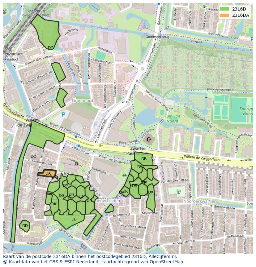 Afbeelding van het postcodegebied 2316 DA op de kaart.