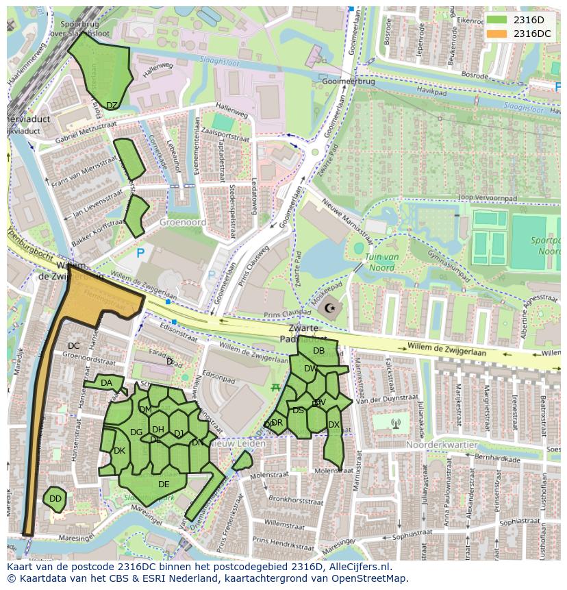 Afbeelding van het postcodegebied 2316 DC op de kaart.