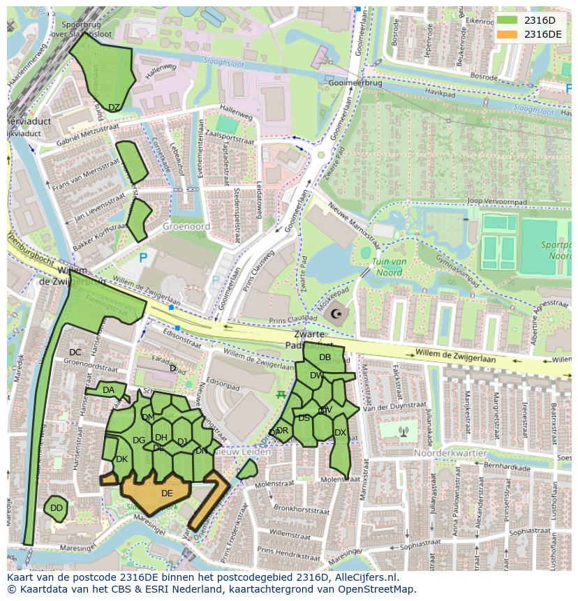 Afbeelding van het postcodegebied 2316 DE op de kaart.