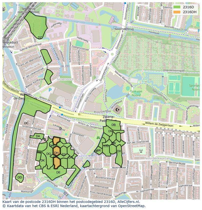 Afbeelding van het postcodegebied 2316 DH op de kaart.