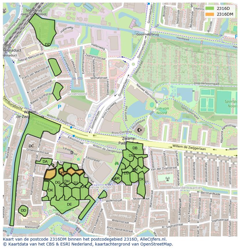 Afbeelding van het postcodegebied 2316 DM op de kaart.