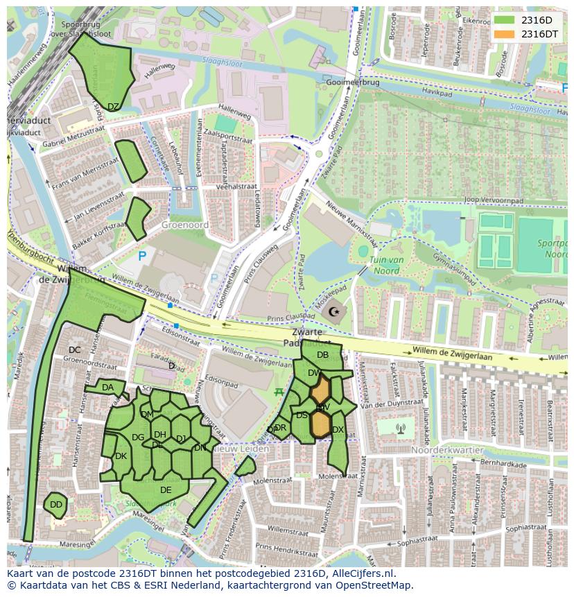 Afbeelding van het postcodegebied 2316 DT op de kaart.