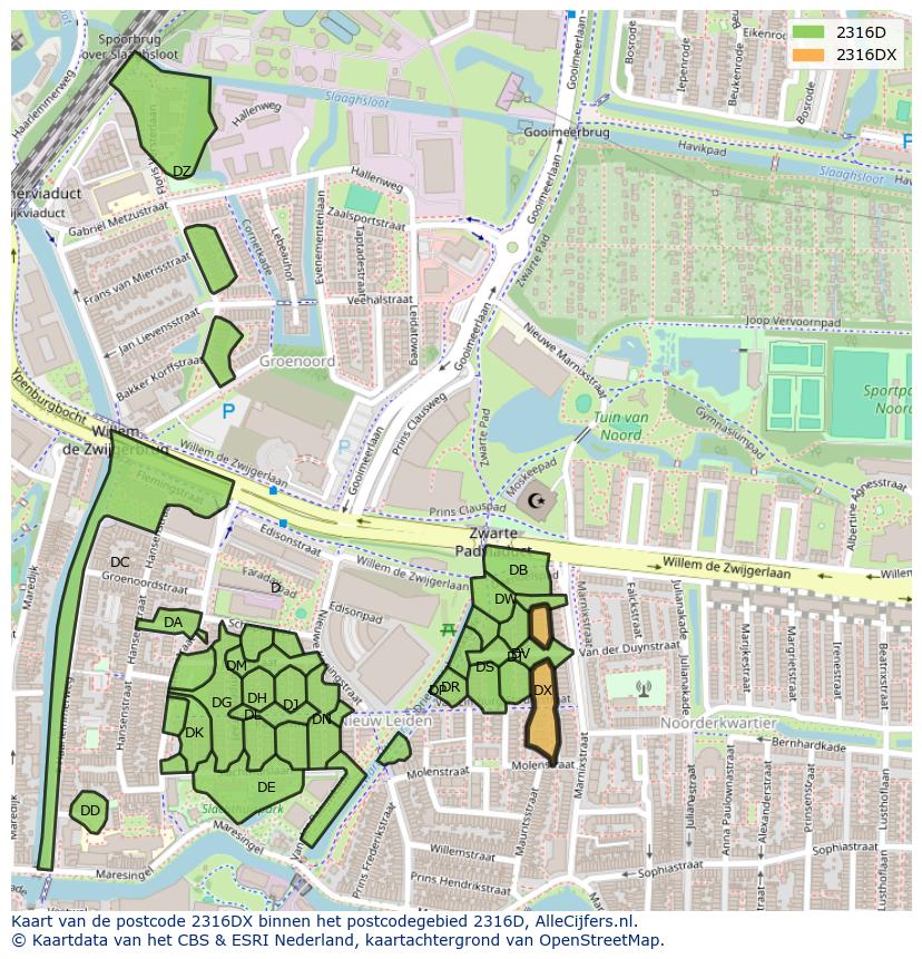 Afbeelding van het postcodegebied 2316 DX op de kaart.