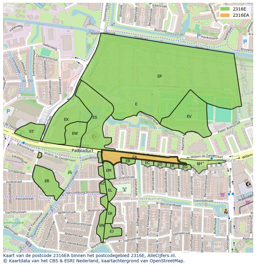 Afbeelding van het postcodegebied 2316 EA op de kaart.
