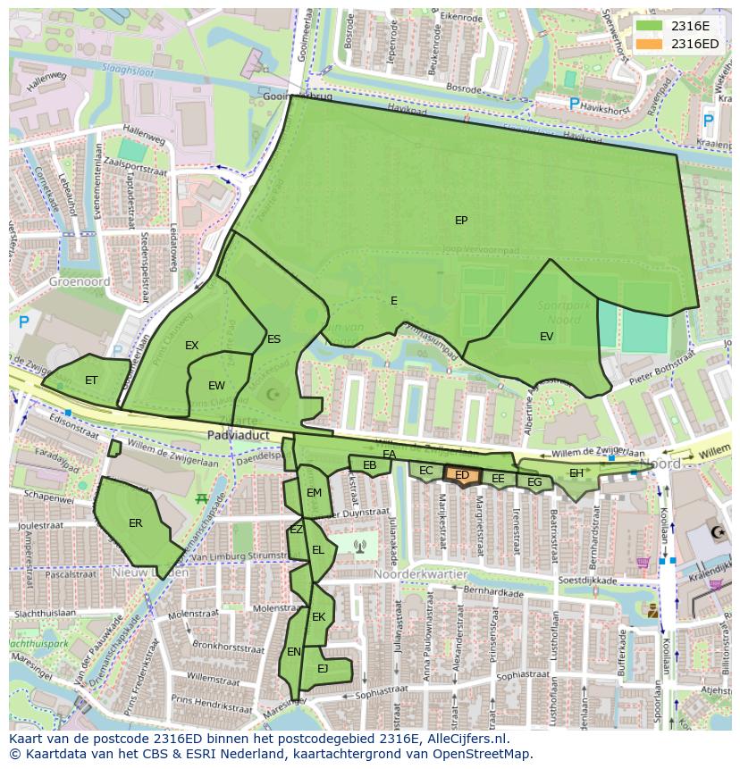 Afbeelding van het postcodegebied 2316 ED op de kaart.