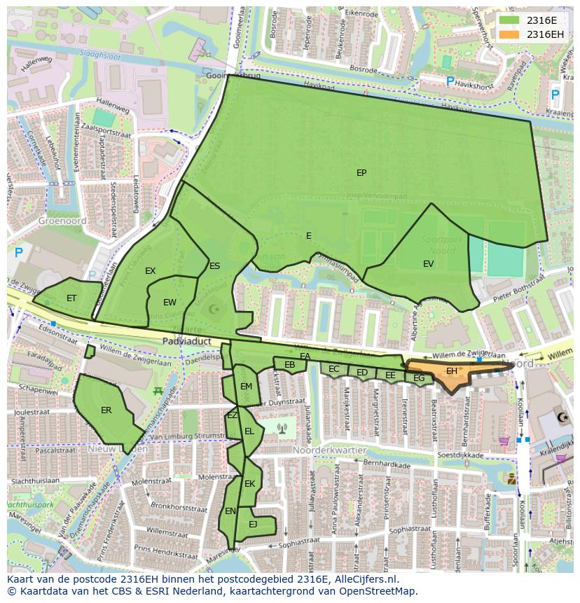 Afbeelding van het postcodegebied 2316 EH op de kaart.