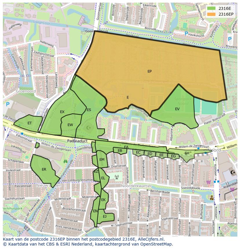 Afbeelding van het postcodegebied 2316 EP op de kaart.
