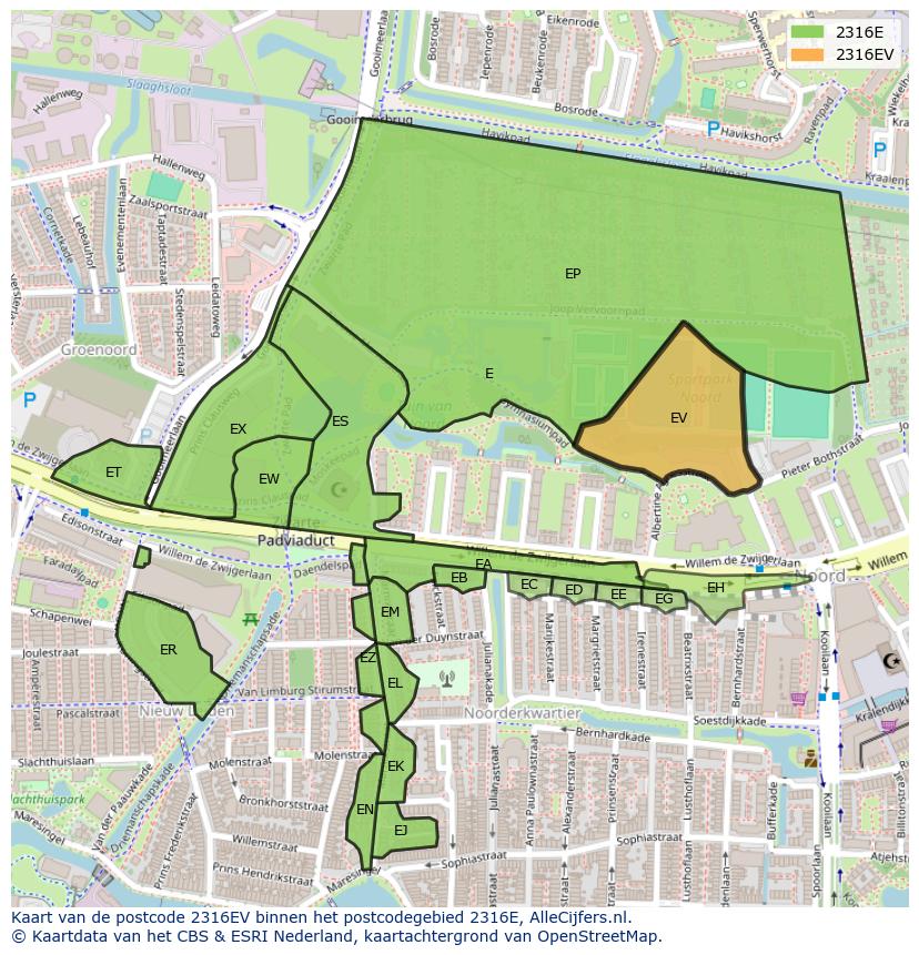 Afbeelding van het postcodegebied 2316 EV op de kaart.
