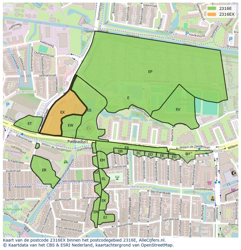 Afbeelding van het postcodegebied 2316 EX op de kaart.