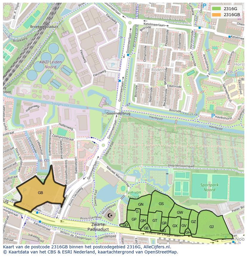 Afbeelding van het postcodegebied 2316 GB op de kaart.