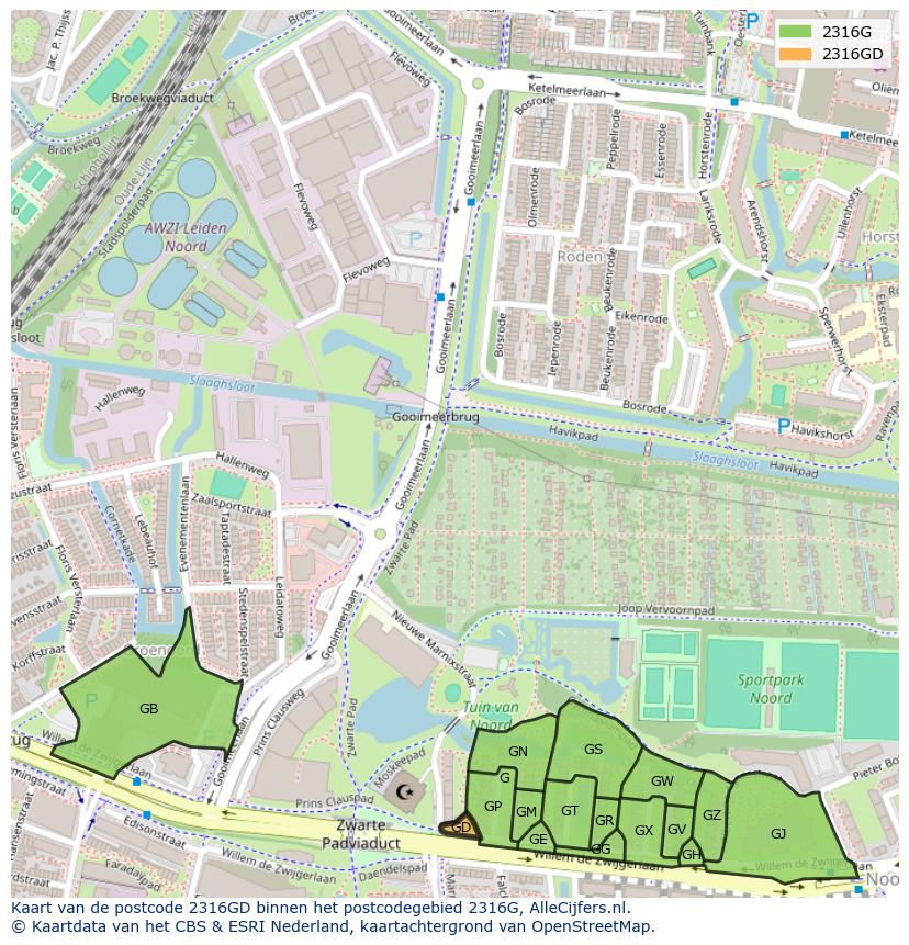 Afbeelding van het postcodegebied 2316 GD op de kaart.