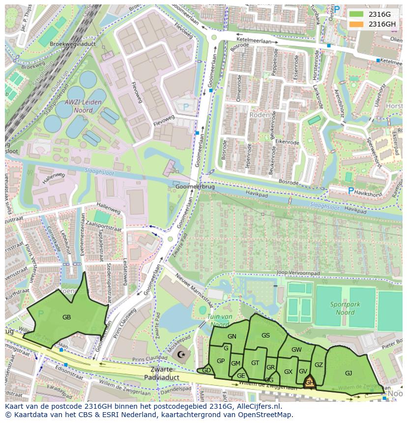 Afbeelding van het postcodegebied 2316 GH op de kaart.