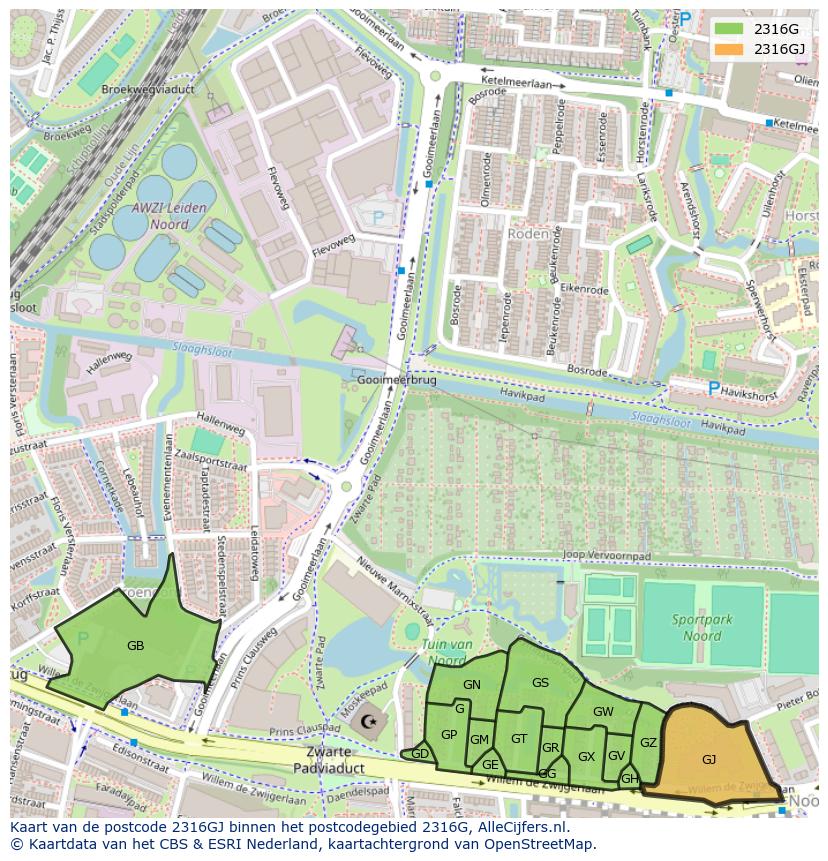 Afbeelding van het postcodegebied 2316 GJ op de kaart.