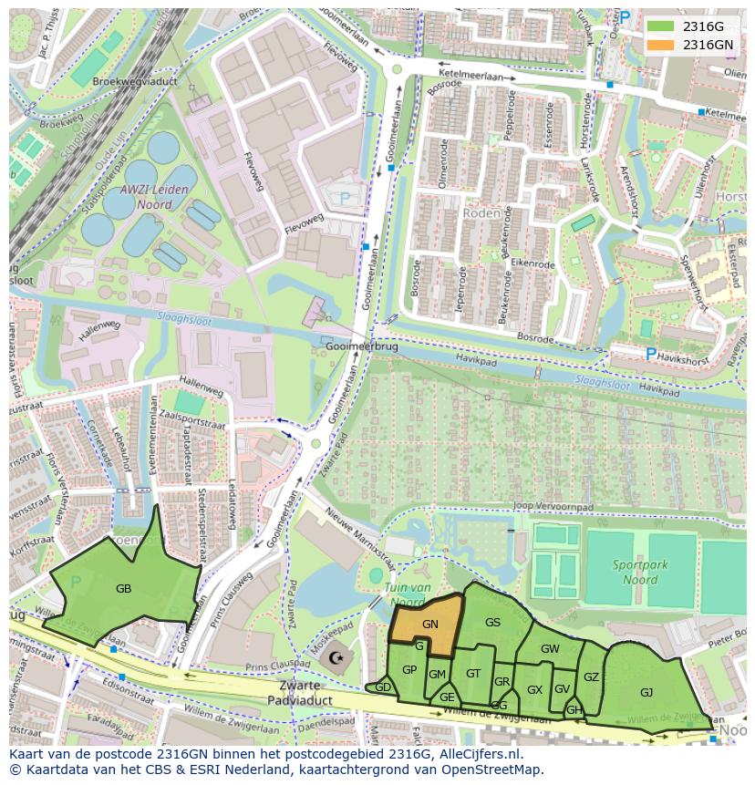Afbeelding van het postcodegebied 2316 GN op de kaart.