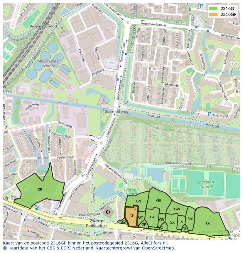 Afbeelding van het postcodegebied 2316 GP op de kaart.