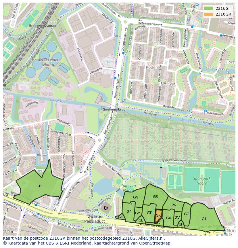 Afbeelding van het postcodegebied 2316 GR op de kaart.