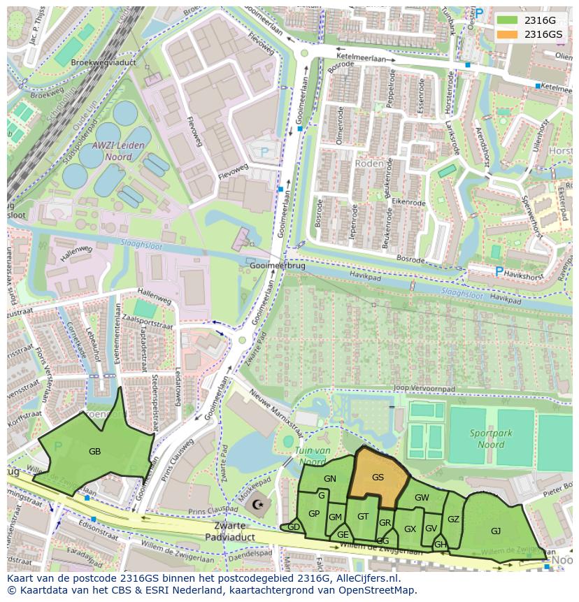 Afbeelding van het postcodegebied 2316 GS op de kaart.