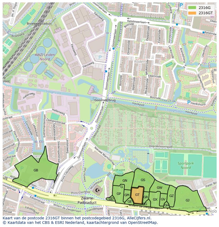 Afbeelding van het postcodegebied 2316 GT op de kaart.