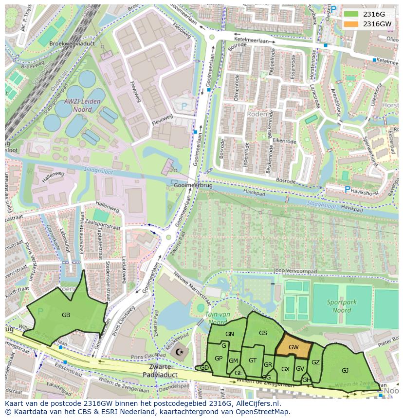 Afbeelding van het postcodegebied 2316 GW op de kaart.