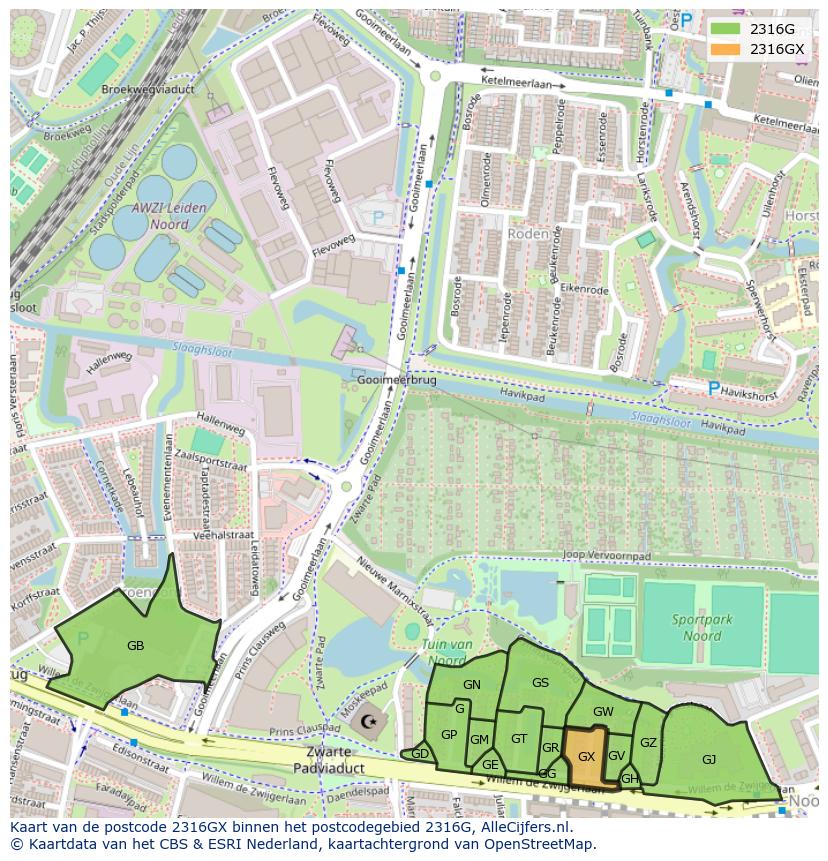 Afbeelding van het postcodegebied 2316 GX op de kaart.