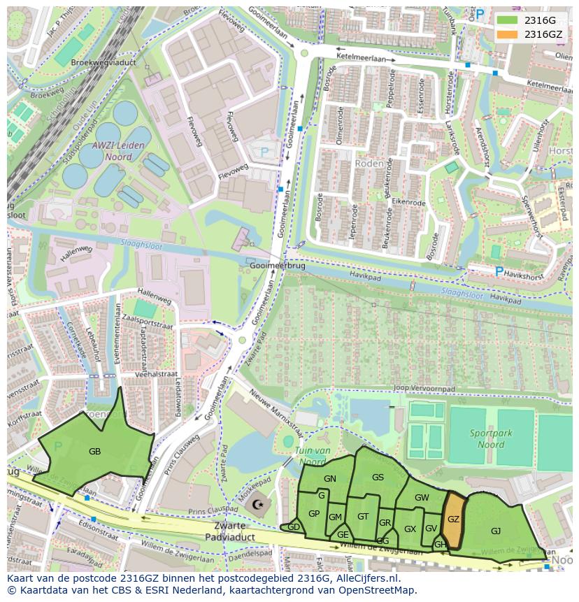 Afbeelding van het postcodegebied 2316 GZ op de kaart.