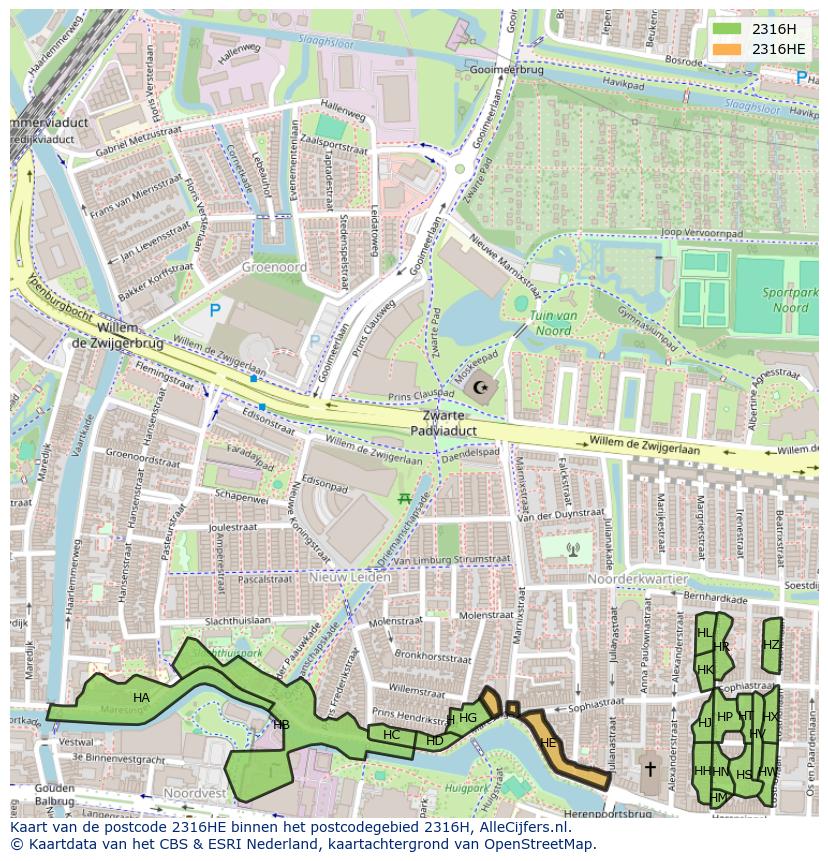 Afbeelding van het postcodegebied 2316 HE op de kaart.