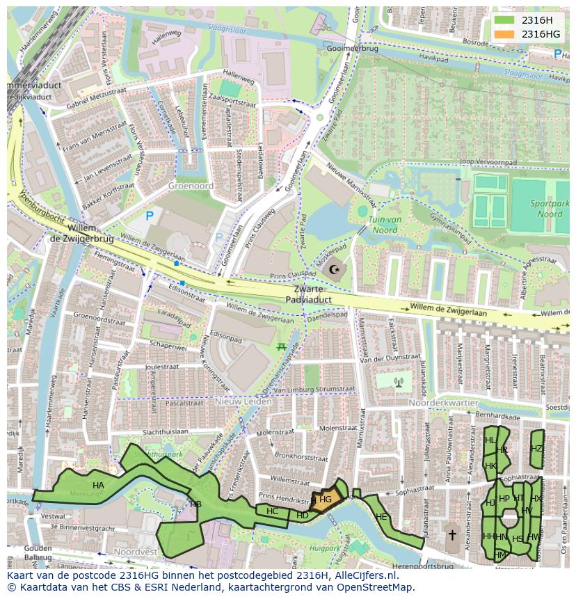 Afbeelding van het postcodegebied 2316 HG op de kaart.