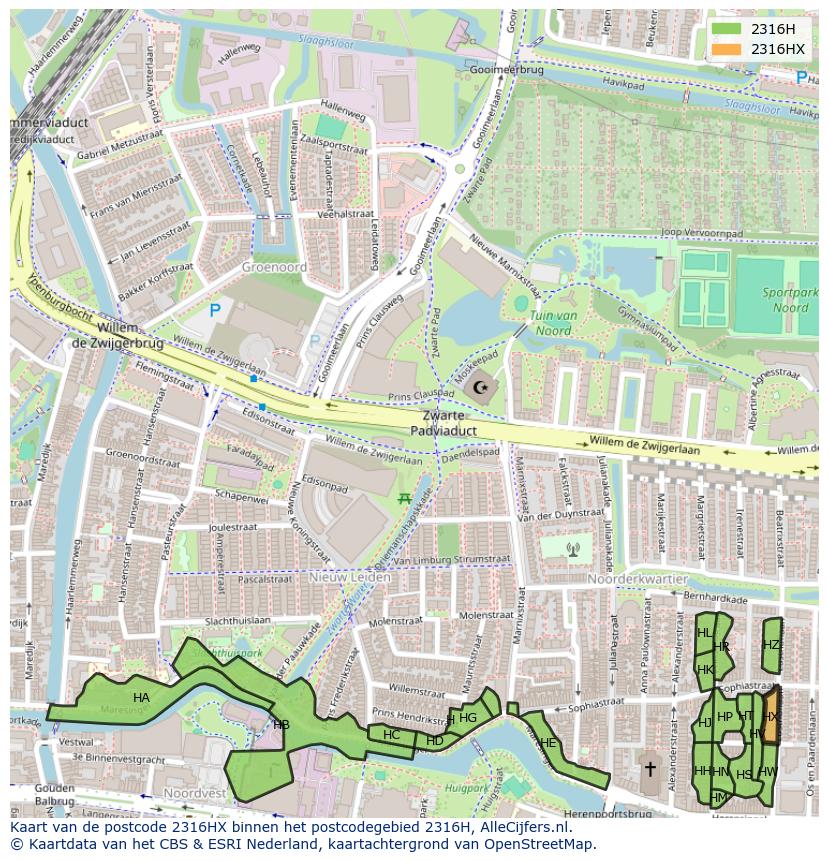 Afbeelding van het postcodegebied 2316 HX op de kaart.