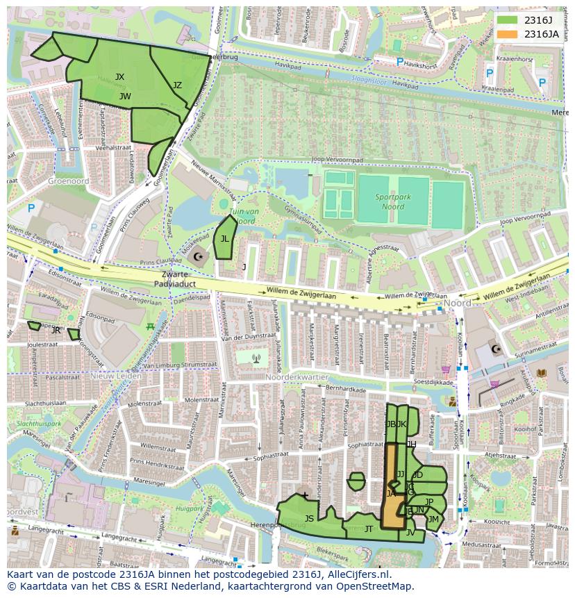 Afbeelding van het postcodegebied 2316 JA op de kaart.
