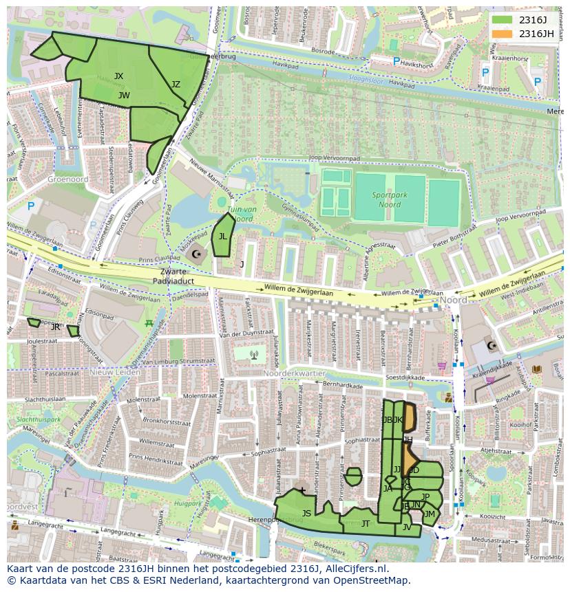 Afbeelding van het postcodegebied 2316 JH op de kaart.