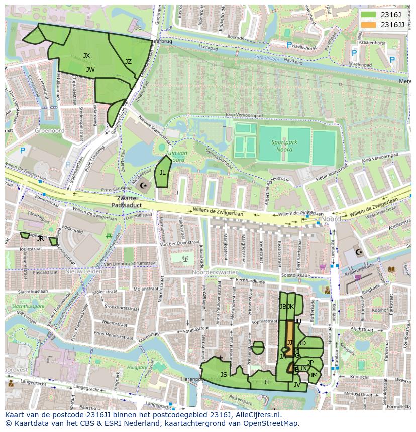 Afbeelding van het postcodegebied 2316 JJ op de kaart.