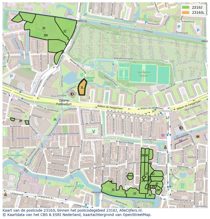 Afbeelding van het postcodegebied 2316 JL op de kaart.