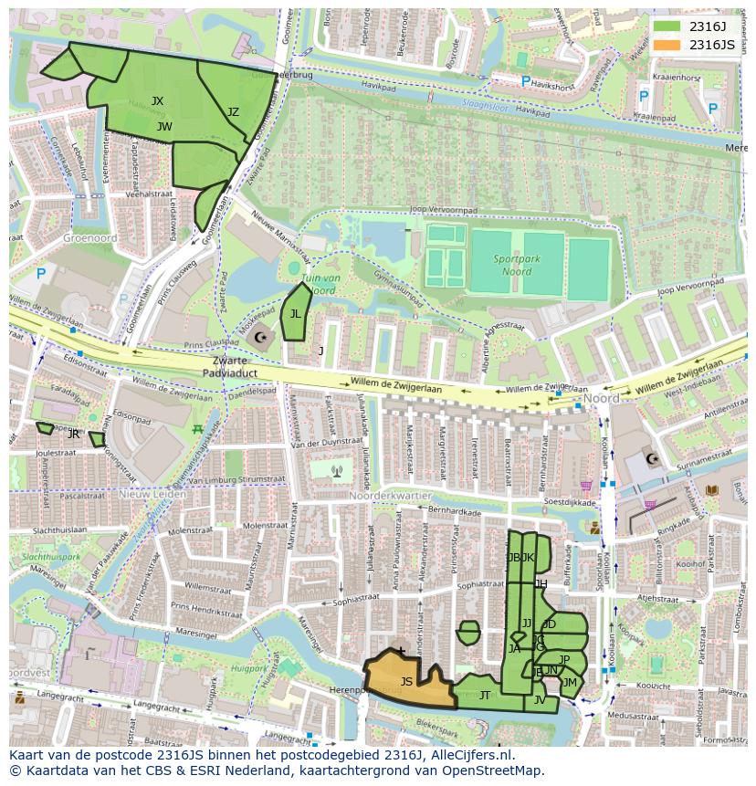 Afbeelding van het postcodegebied 2316 JS op de kaart.