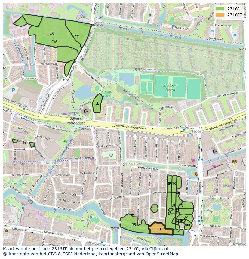 Afbeelding van het postcodegebied 2316 JT op de kaart.