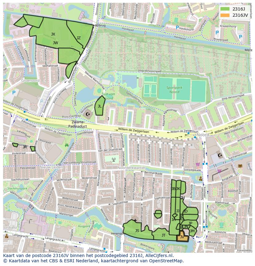 Afbeelding van het postcodegebied 2316 JV op de kaart.