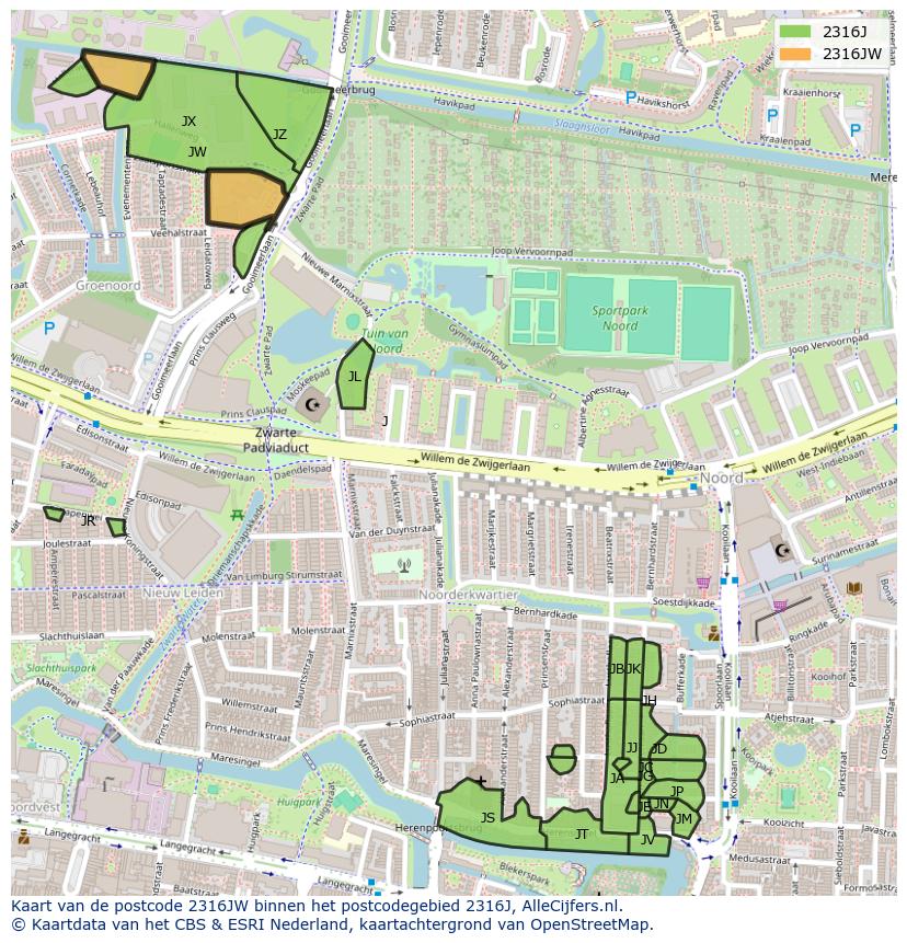 Afbeelding van het postcodegebied 2316 JW op de kaart.