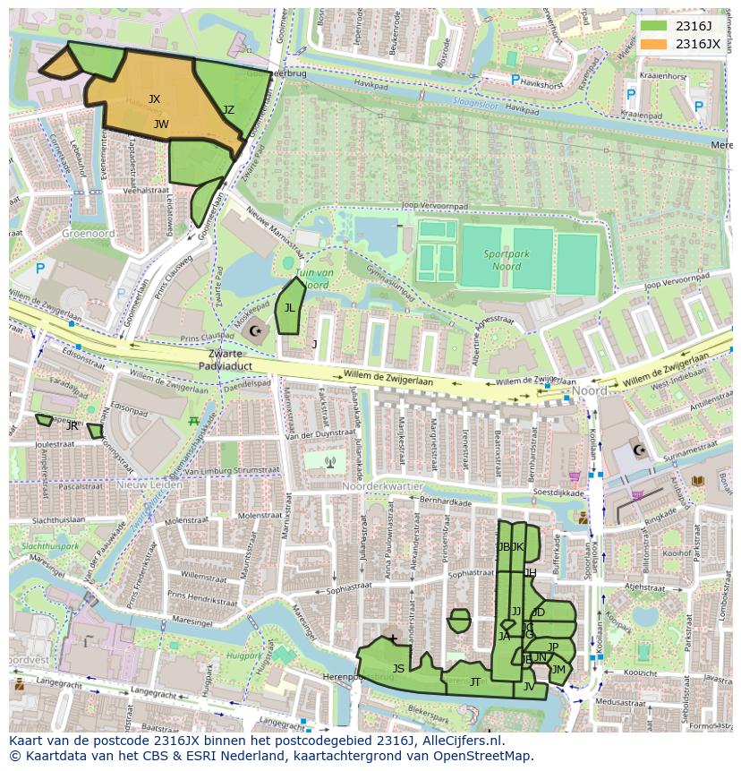 Afbeelding van het postcodegebied 2316 JX op de kaart.