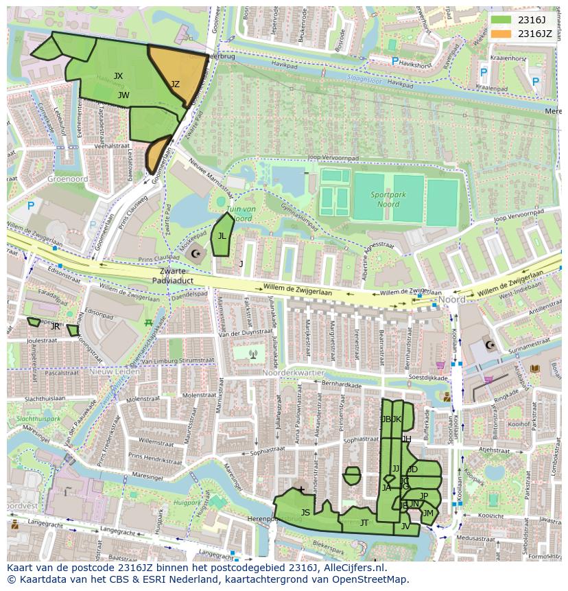Afbeelding van het postcodegebied 2316 JZ op de kaart.