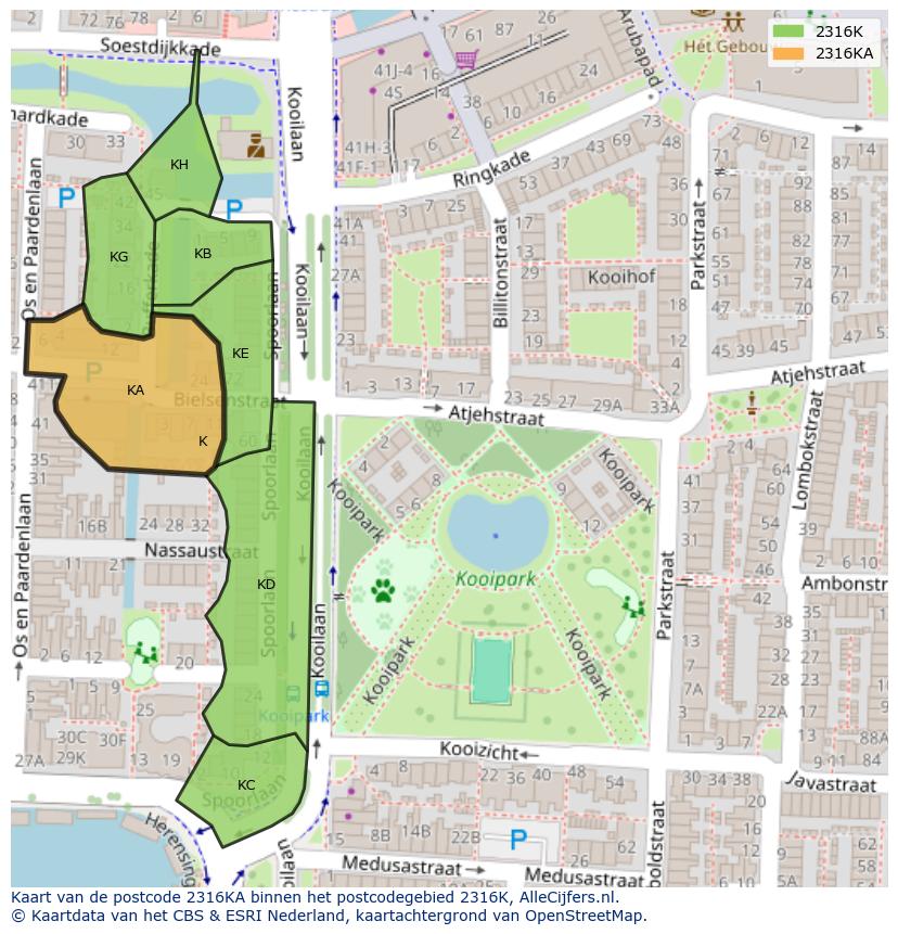Afbeelding van het postcodegebied 2316 KA op de kaart.