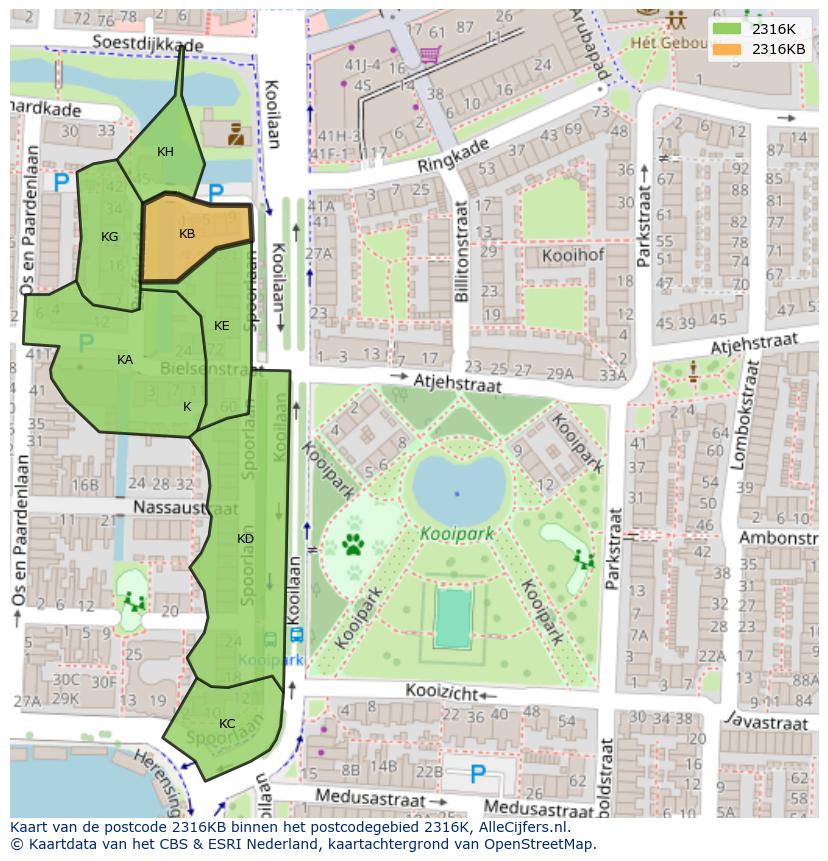 Afbeelding van het postcodegebied 2316 KB op de kaart.