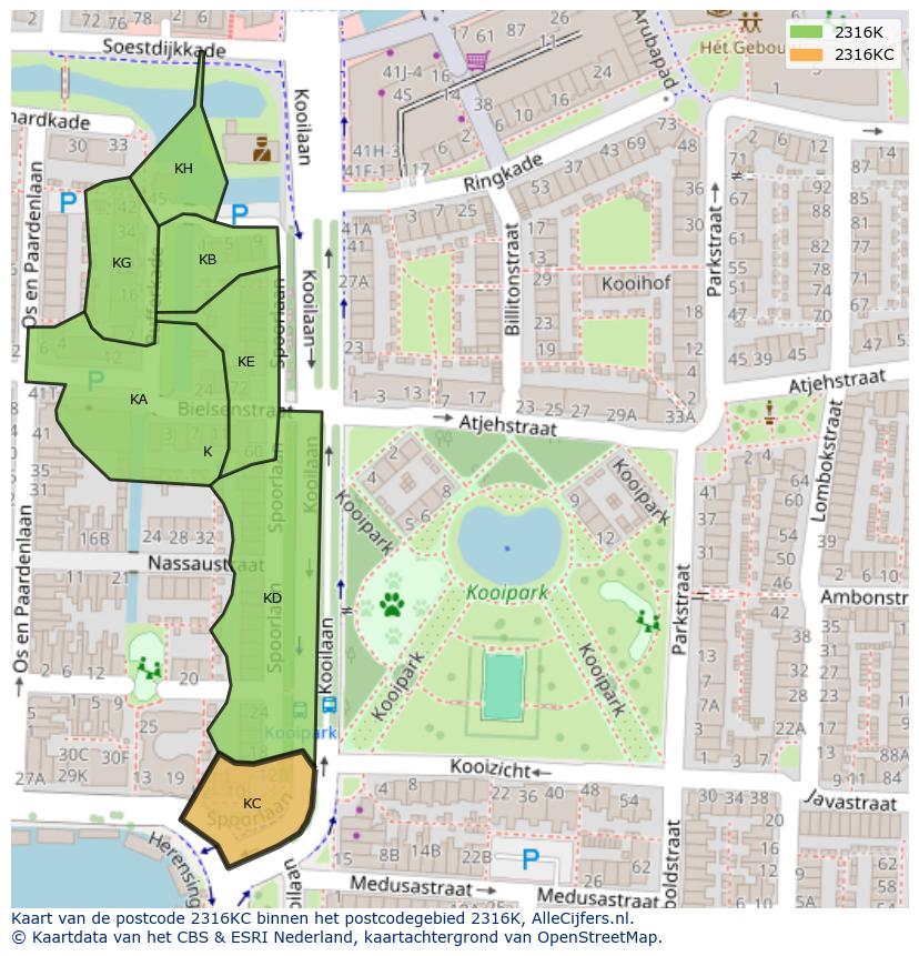 Afbeelding van het postcodegebied 2316 KC op de kaart.
