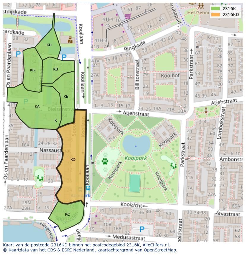 Afbeelding van het postcodegebied 2316 KD op de kaart.